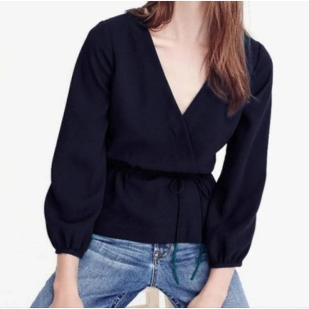 J.Crew Drapey Crepe Black Long Sleeve V-Neck Faux Wrap Blouse Sz 6 Preppy Chic
